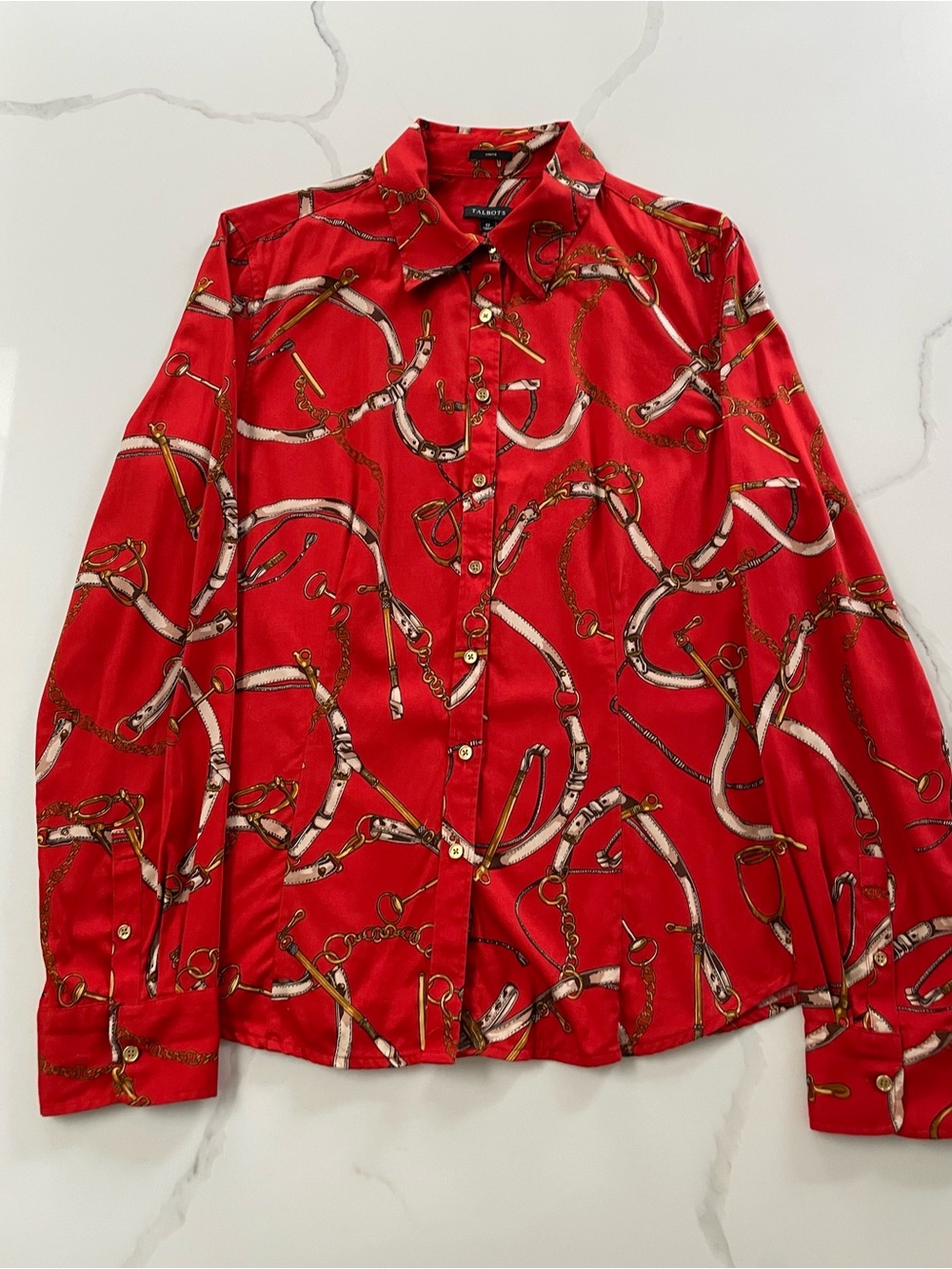 Talbots Red Equestrian Print Button-Up Shirt Blouse, Size 12